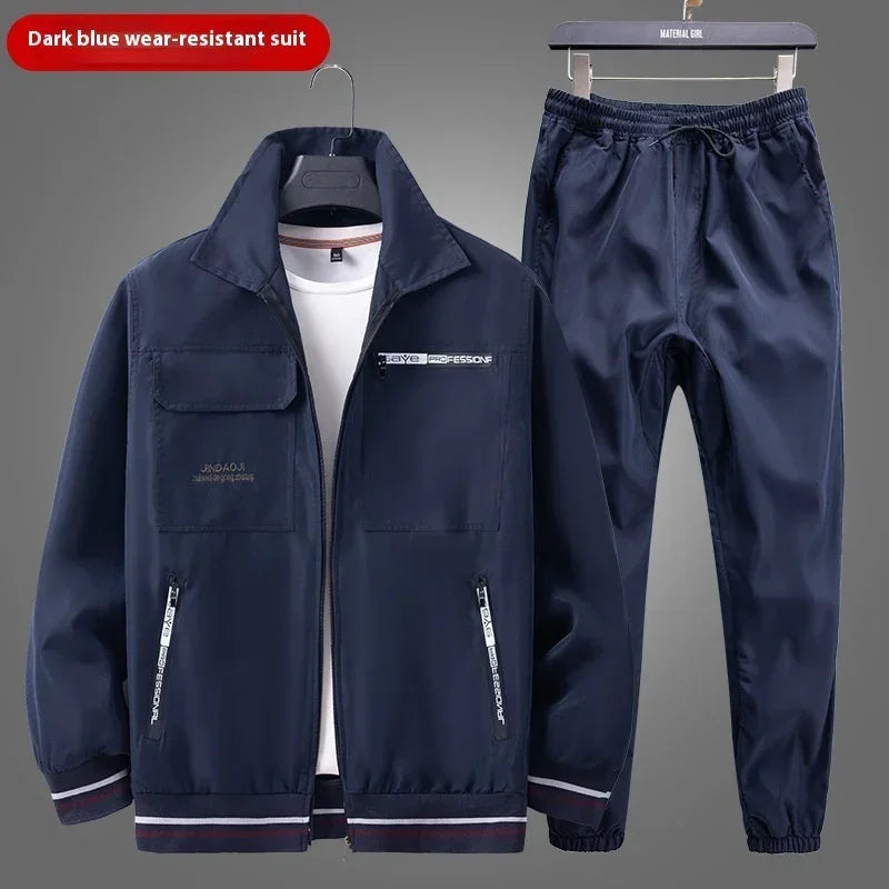 Dark blue athletic wear-resistant tracksuit with zip-up jacket and matching jogger pants
