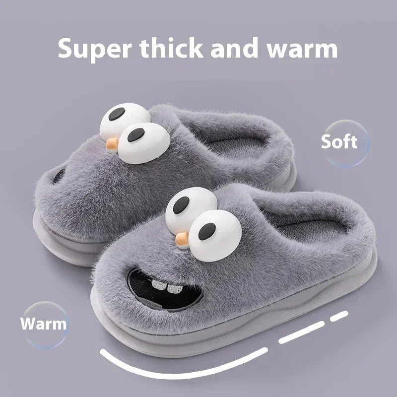 Gray plush slippers with cartoon face, thick faux fur, warm indoor slip-on style
