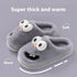 Gray plush slippers with cartoon face, thick faux fur, warm indoor slip-on style