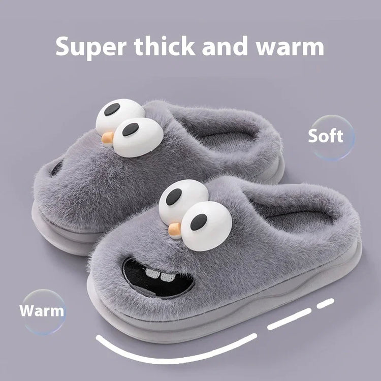 Gray plush slippers with cartoon face, thick faux fur, warm indoor slip-on style
