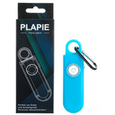 Blue personal safety alarm device with round light, black carabiner clip, and packaging box.