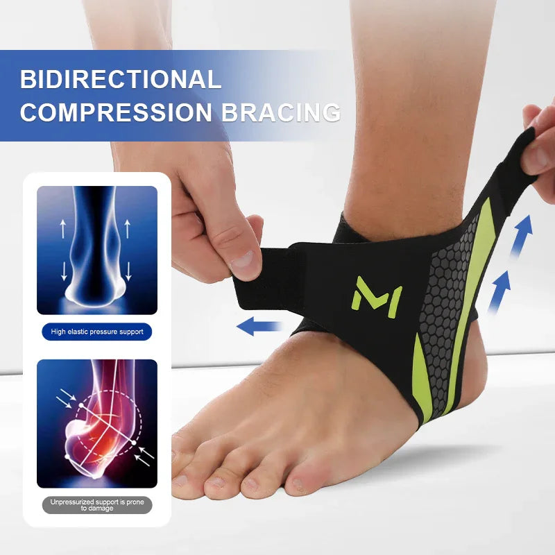 Black and neon green ankle compression brace with honeycomb pattern for foot support