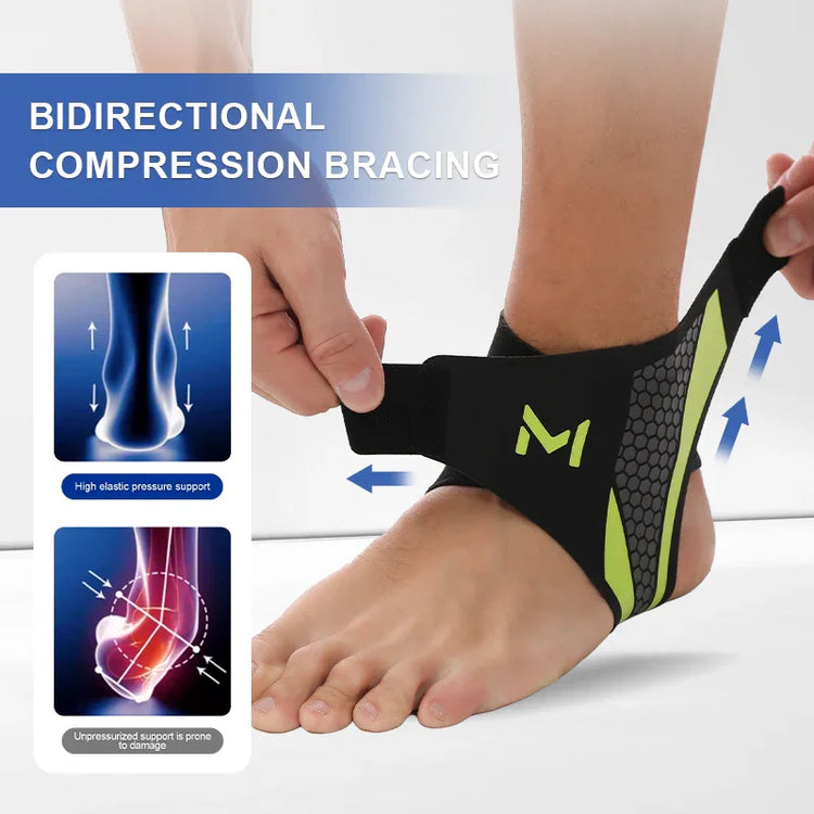 Black and neon green ankle compression brace with honeycomb pattern for foot support