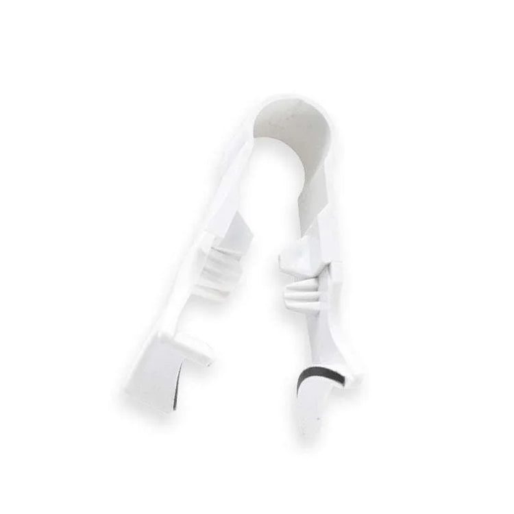 White plastic clip tool with curved ends, minimalist design, isolated on white background