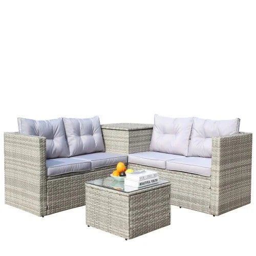 Light gray cushioned wicker patio sofa set with square glass-top table, modern outdoor furniture