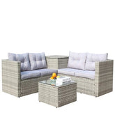 Light gray cushioned wicker patio sofa set with square glass-top table, modern outdoor furniture