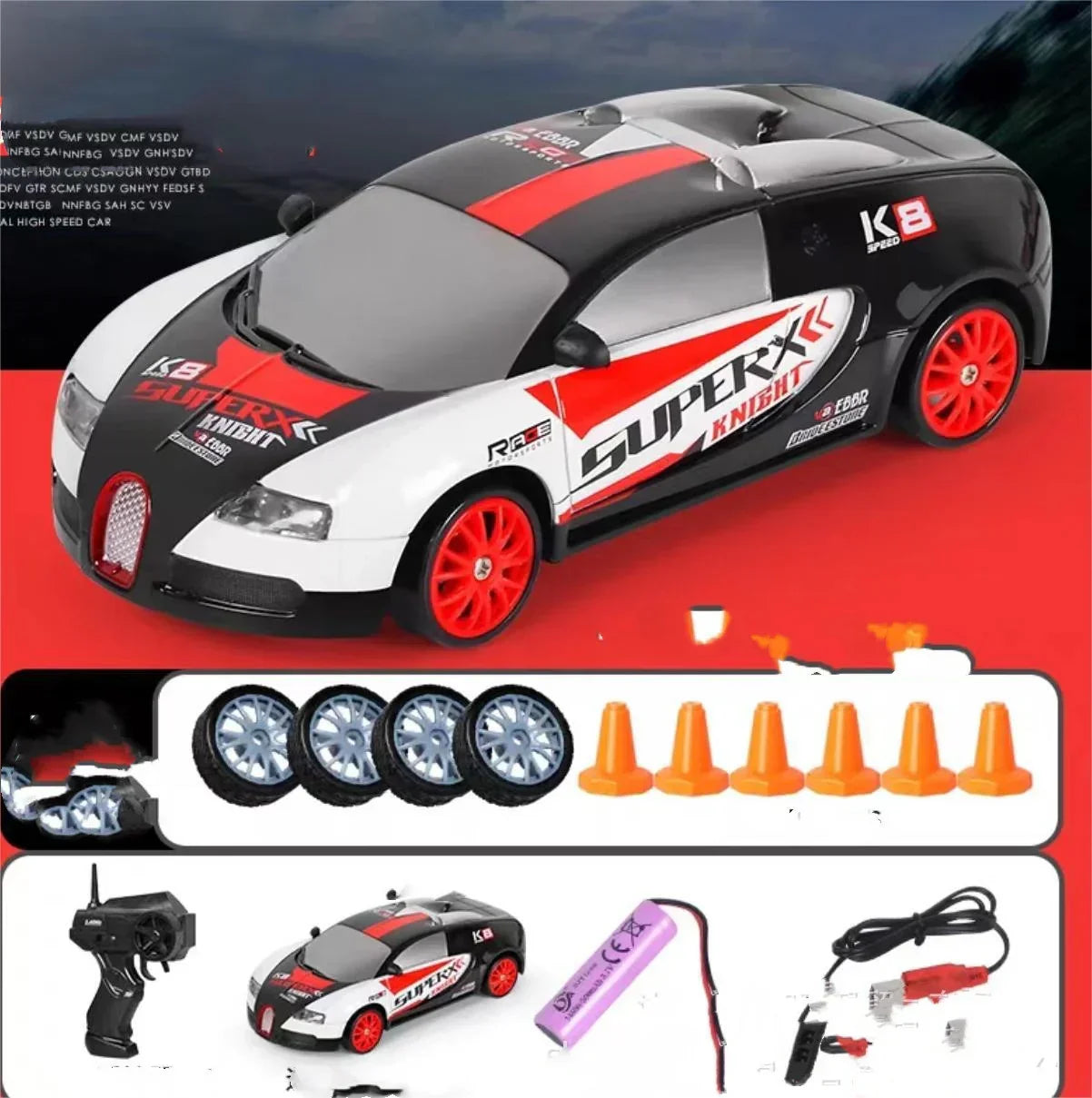 Black, red, and white remote control sports car toy with accessories, extra wheels, and traffic cones.