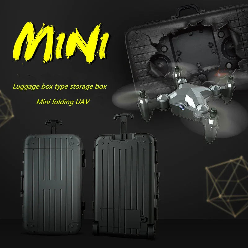 Mini folding drone with suitcase-style black storage box on dark background.
