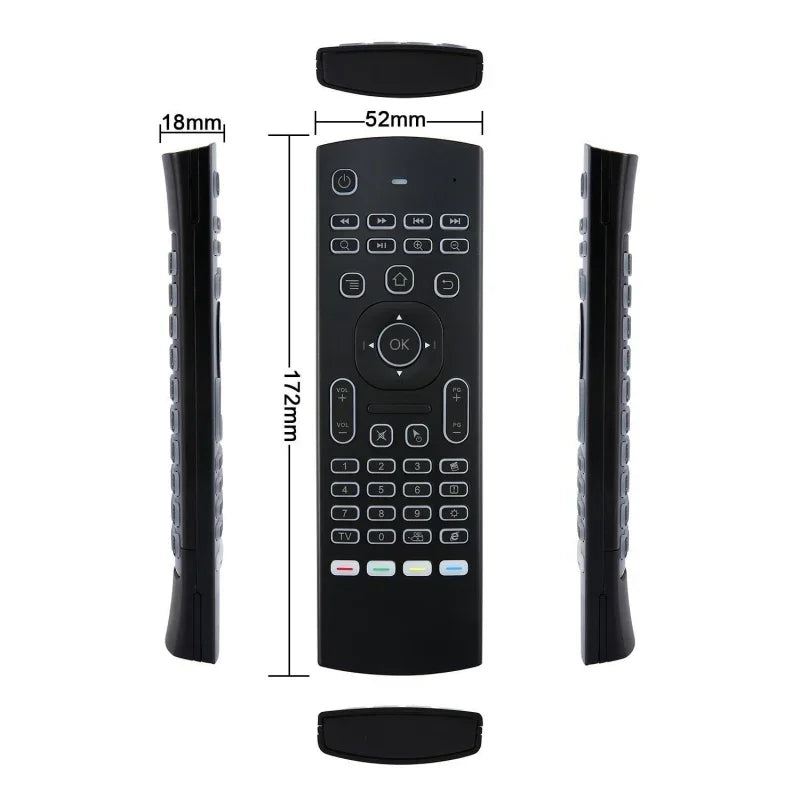 Sleek black remote control with rubber buttons, compact fit, shown from multiple angles with measurements.