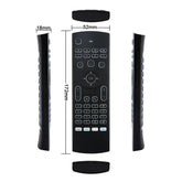 Sleek black remote control with rubber buttons, compact fit, shown from multiple angles with measurements.