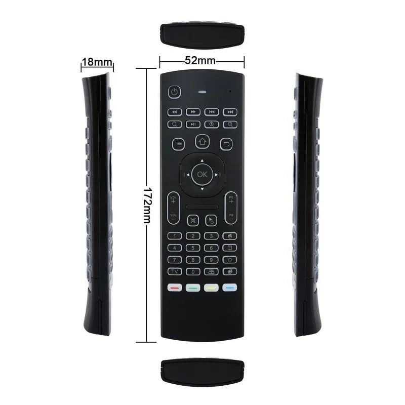 Sleek black remote control with rubber buttons, compact fit, shown from multiple angles with measurements.
