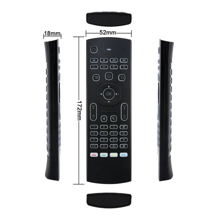 Sleek black remote control with rubber buttons, compact fit, shown from multiple angles with measurements.