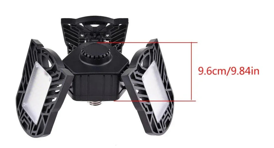 Black adjustable LED garage light with three foldable panels, modern tech design, size 9.6cm