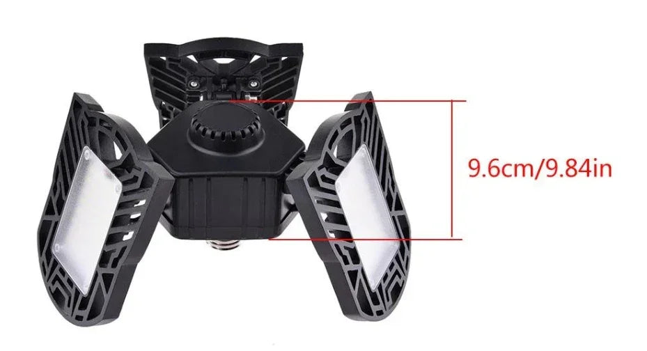 Black adjustable LED garage light with three foldable panels, modern tech design, size 9.6cm