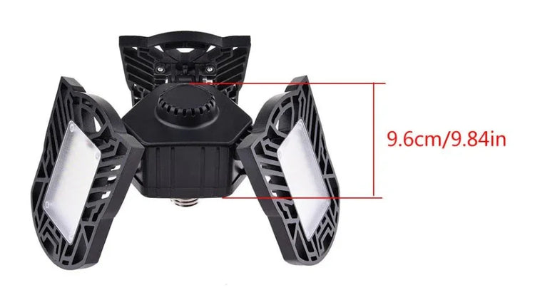 Black adjustable LED garage light with three foldable panels, modern tech design, size 9.6cm