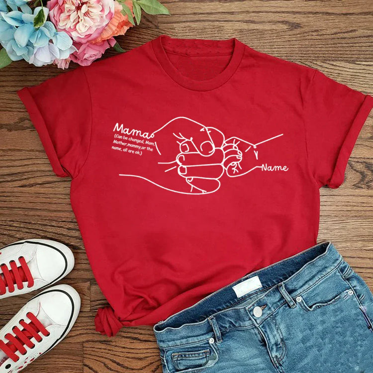 Red cotton graphic t-shirt with mother and child hand illustration, casual fit