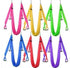 Colorful nylon aerial yoga hammocks with handles, hanging in rows for fitness and stretching.