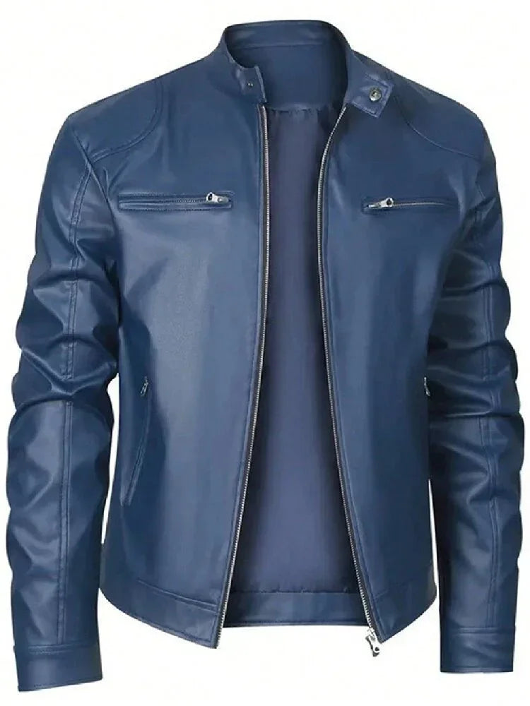 Blue faux leather jacket with slim fit, zippered pockets, and stand collar