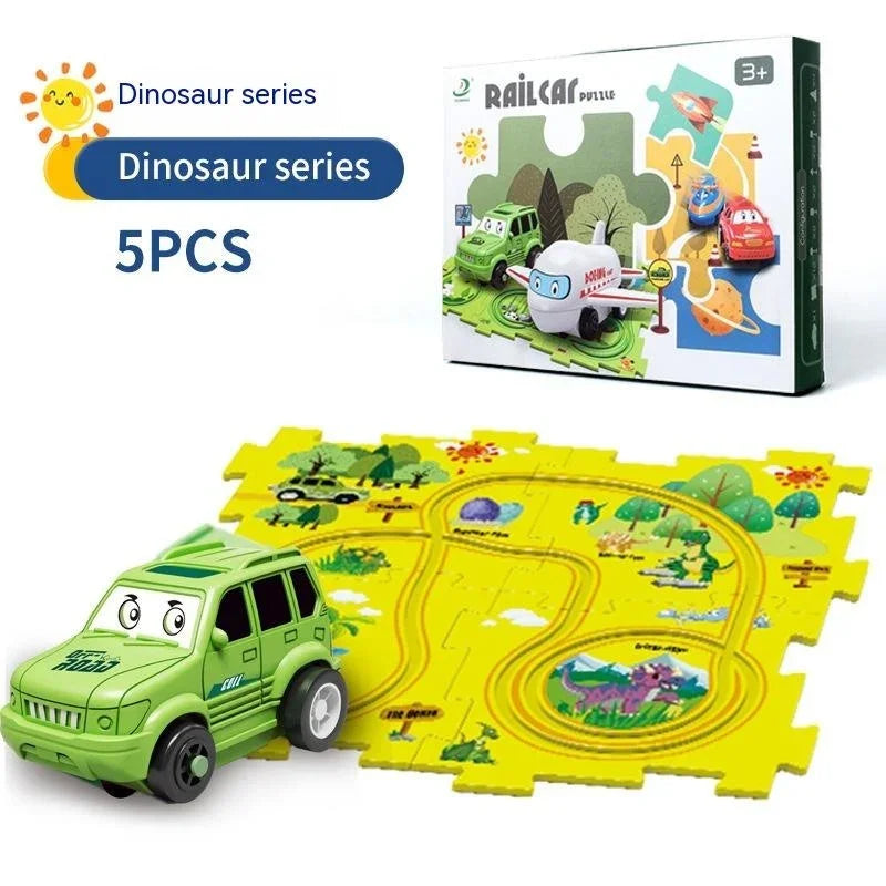 Kids dinosaur series playset with green toy car, yellow puzzle track, and illustrated map.