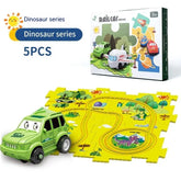 Kids dinosaur series playset with green toy car, yellow puzzle track, and illustrated map.