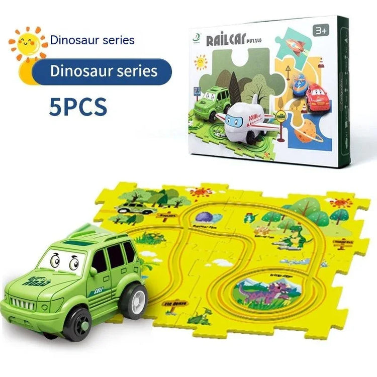 Kids dinosaur series playset with green toy car, yellow puzzle track, and illustrated map.