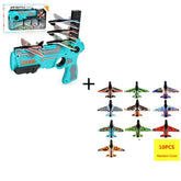 Toy foam plane launcher set with blue handheld blaster and ten colorful mini glider planes