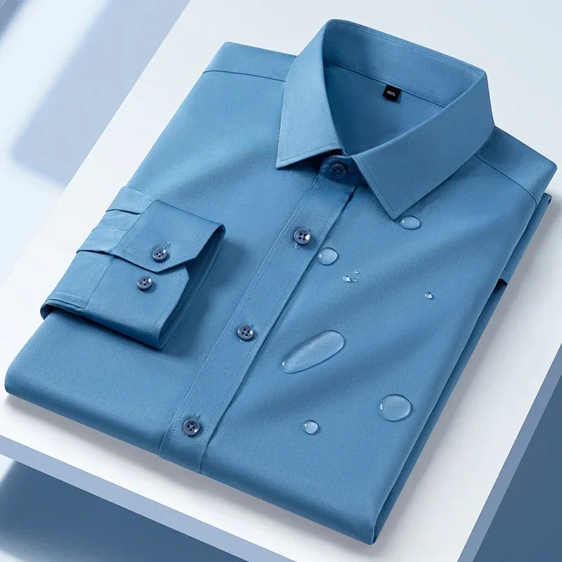Blue long sleeve button-up shirt with water-resistant fabric and slim fit style