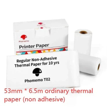 White non-adhesive thermal printer paper rolls and packaging, 53mm x 6.5m, suitable for label printing.