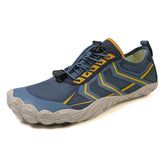Blue and yellow athletic sneaker with mesh upper, slip-on fit, and lightweight gray sole