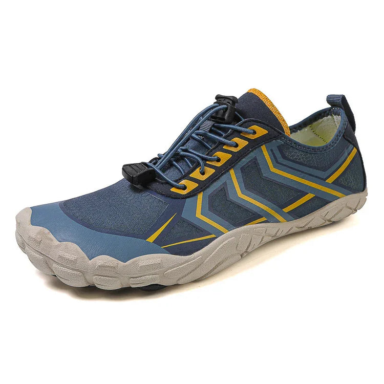 Blue and yellow athletic sneaker with mesh upper, slip-on fit, and lightweight gray sole