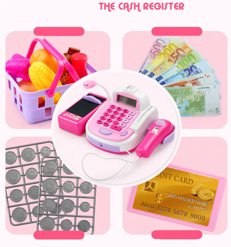 Pink and white toy cash register set with play money, coins, credit card, and grocery basket.