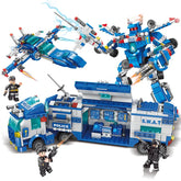 Blue and white police-themed building block set with SWAT truck, robot, jet, and mini figures.
