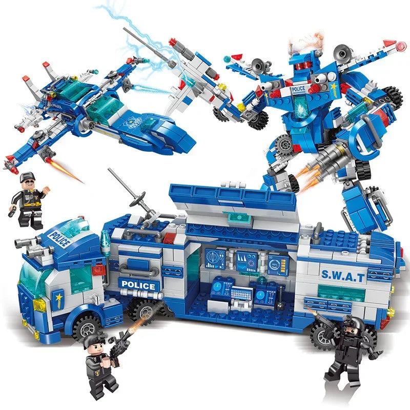 Blue and white police-themed building block set with SWAT truck, robot, jet, and mini figures.