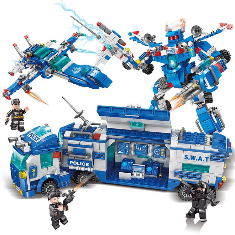 Blue and white police-themed building block set with SWAT truck, robot, jet, and mini figures.