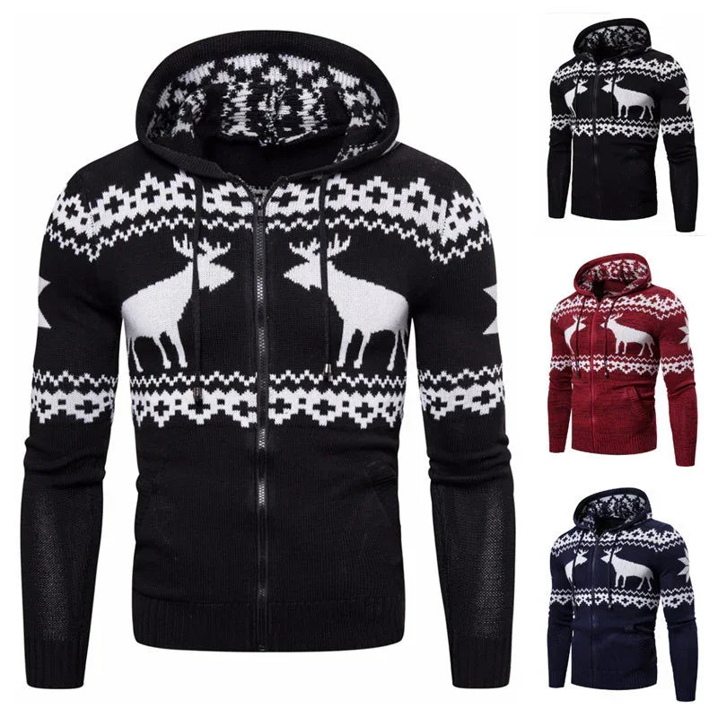 Men’s knit zip-up hoodie with reindeer pattern, available in black, red, and navy blue.