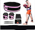 Man wearing orange shorts and black athletic gear with pink trim, demonstrating resistance bands and cuffs, fitness accessory set displayed on white background.