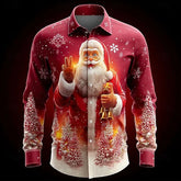 Red button-up shirt with festive Santa Claus print, snowflake patterns, and winter trees, regular fit.