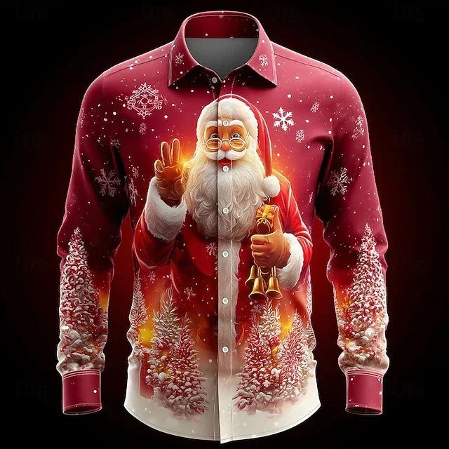 Red button-up shirt with festive Santa Claus print, snowflake patterns, and winter trees, regular fit.