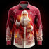 Red button-up shirt with festive Santa Claus print, snowflake patterns, and winter trees, regular fit.