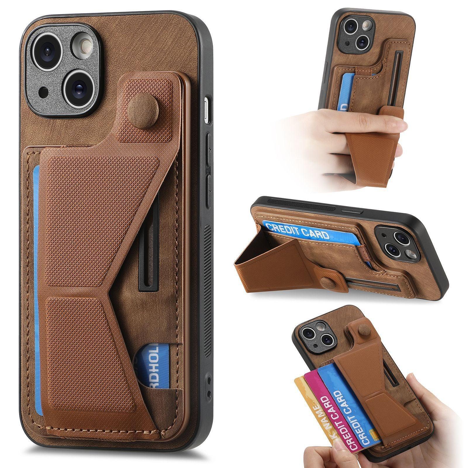 Brown leather textured iPhone case with card holder, kickstand, and slim fit design
