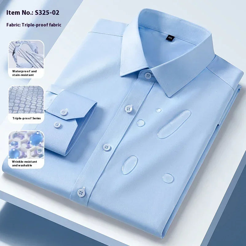 Light blue men's dress shirt, folded, with water droplets showing waterproof, wrinkle-resistant, triple-proof fabric.