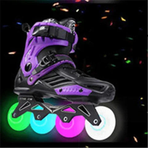 Purple and black inline skate with glowing multicolored wheels, sporty design, secure fit
