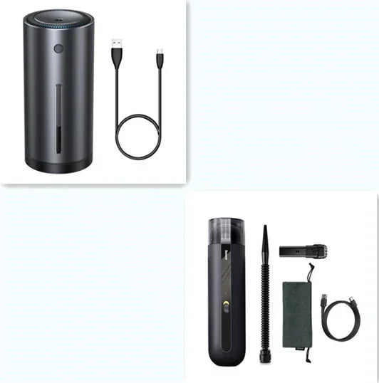 Matte black portable handheld vacuum cleaner set with USB charging cable and accessories.