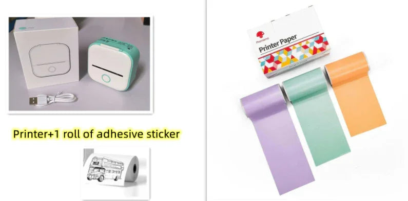 Portable mini thermal printer with USB cable and colorful adhesive sticker paper rolls.