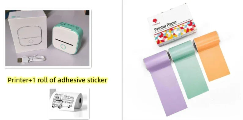 Portable mini thermal printer with USB cable and colorful adhesive sticker paper rolls.