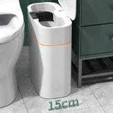 Slim white plastic bathroom trash can with lid, narrow fit beside toilet, 15cm wide.
