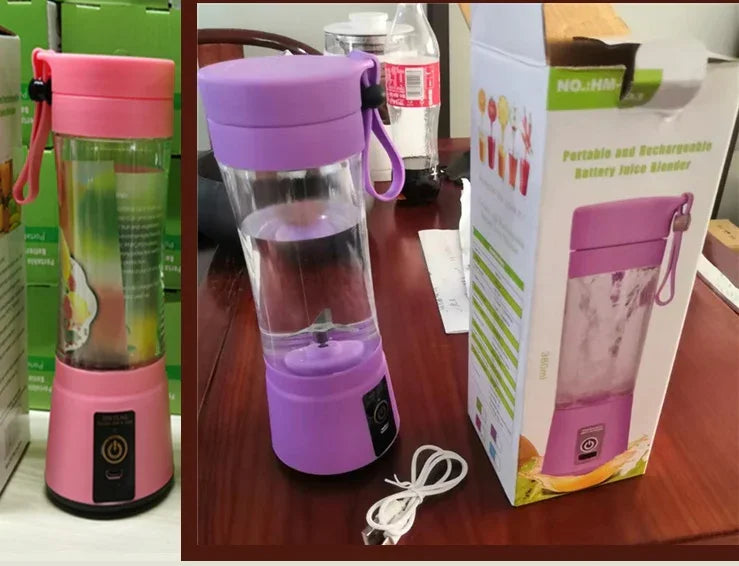 Pink and purple portable rechargeable juice blenders with plastic and glass design on a table