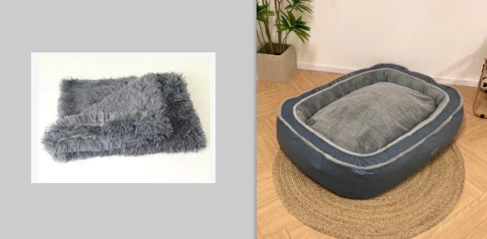 Soft grey faux fur blanket and plush rectangular grey pet bed on a woven rug in modern room