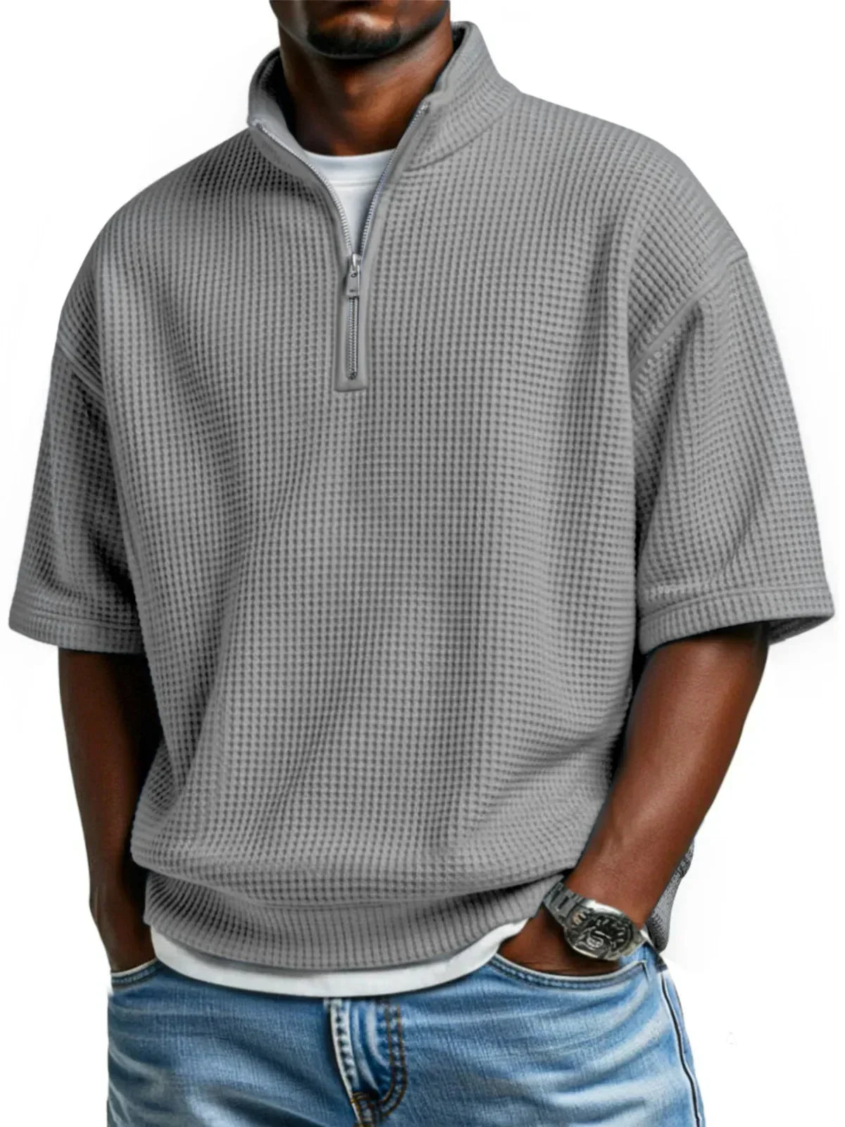 Men's grey waffle knit quarter zip short sleeve pullover, relaxed fit, casual streetwear style