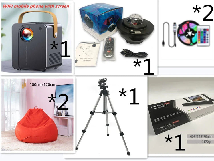 Assorted tech accessories and lifestyle items including projectors, LED light strip, orange bean bag chair, tripod, and wireless speaker; emphasis on modern, functional design and neutral colors.
